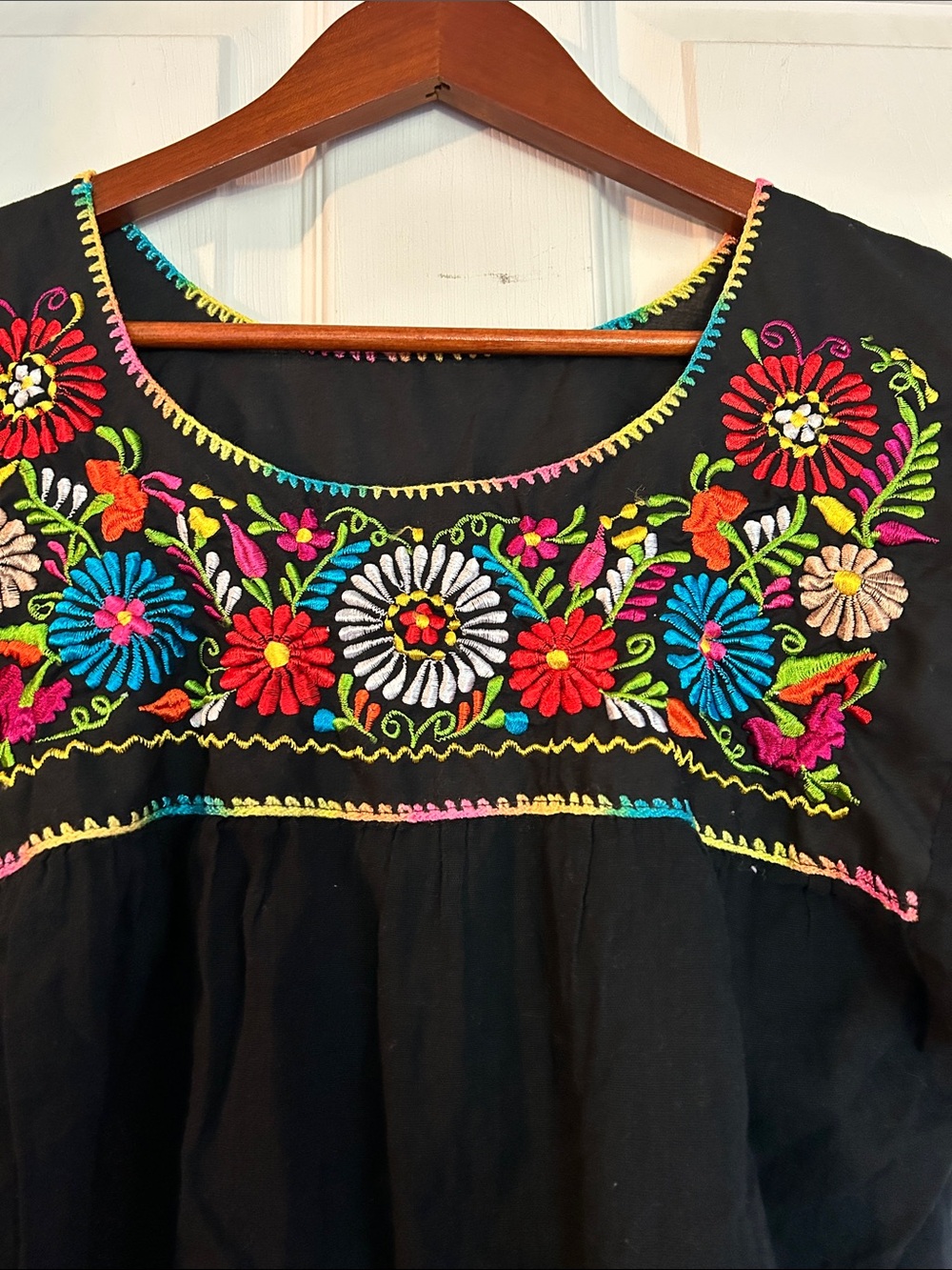 Black Embroidered Mexican Floral Women's Top - Picture 2 of 4